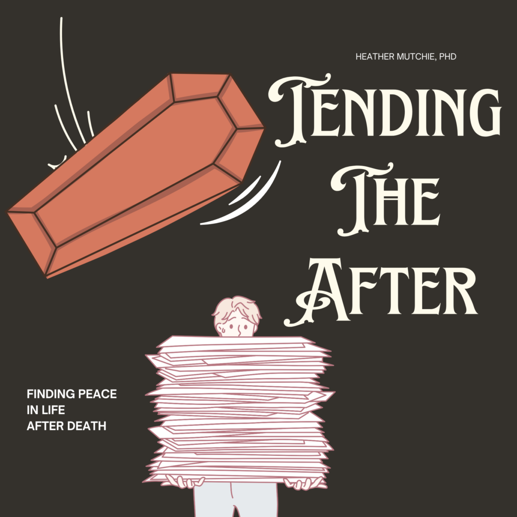 Tending the After Podcast Cover Art, Man with huge stack of papers unaware of coffin falling on him