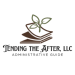 Tending the After llc Administrative guide logo of 3 fluttering pages and a blooming branch with three green leaves